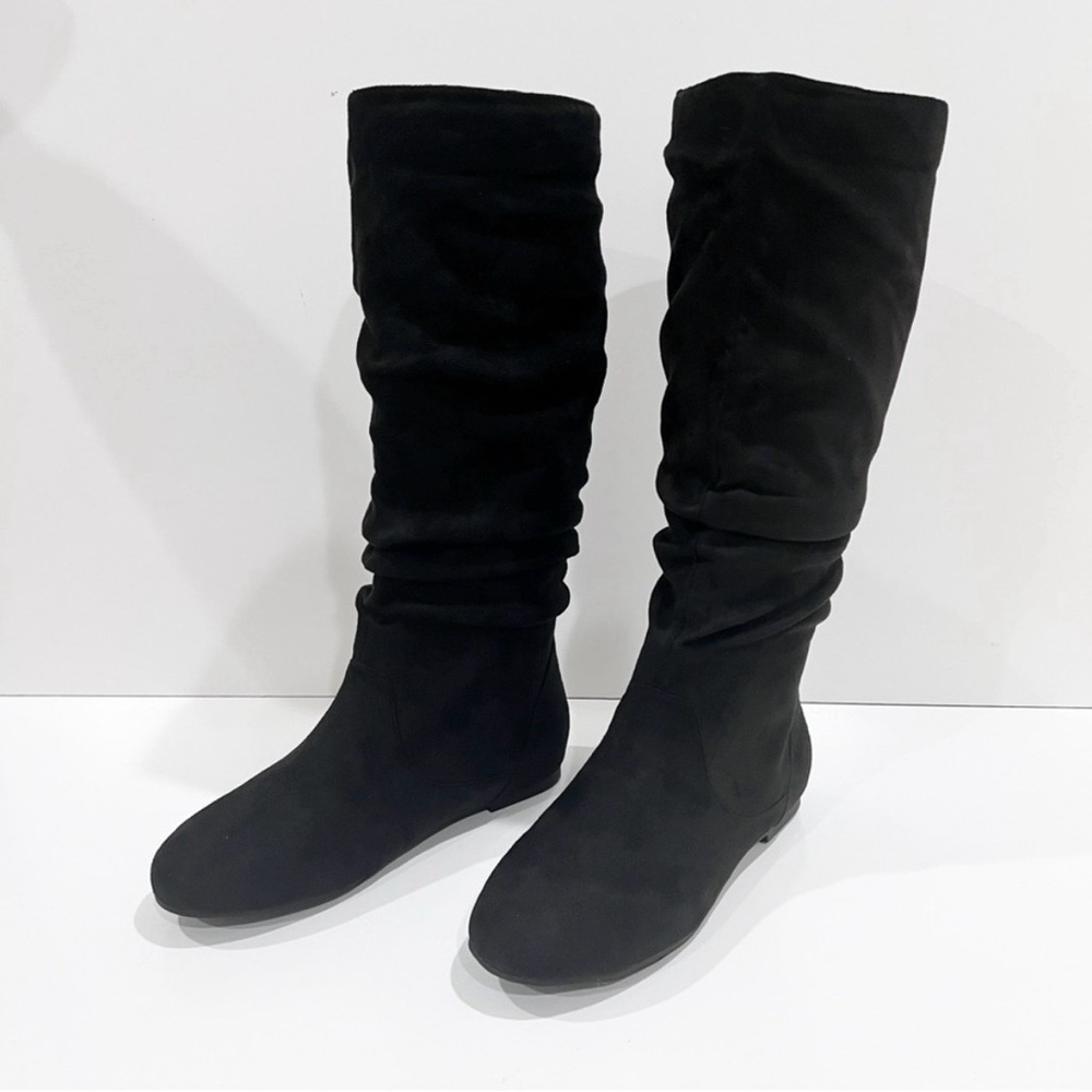 Journee Collection Rebecca Black Faux Suede Tall Boots Slouch Flat Heel 10 NEW